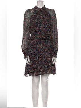 NICHOLAS Navy Sheer Long-Sleeve Paisley Silk Dress